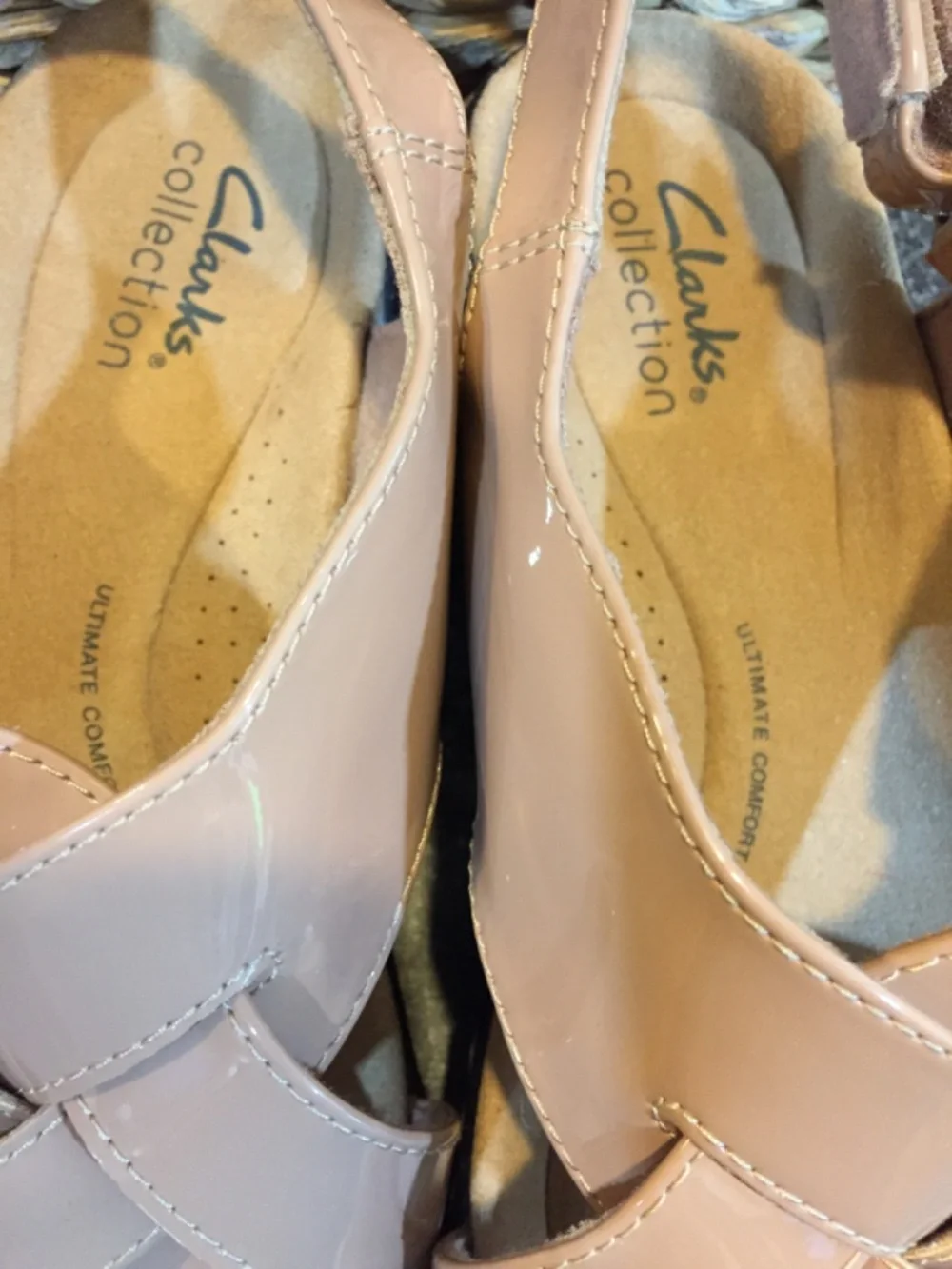 Clarks Patent Leather Crisscross Slide Sandals Tan
